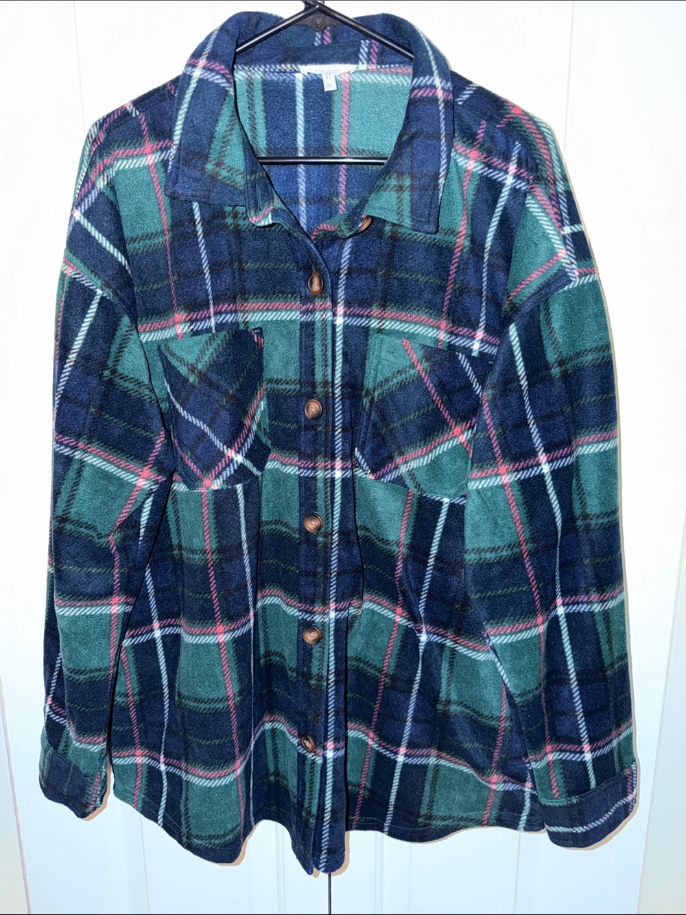 Maurices Plaid Button-Front Fleece Shacket in Green and Navy